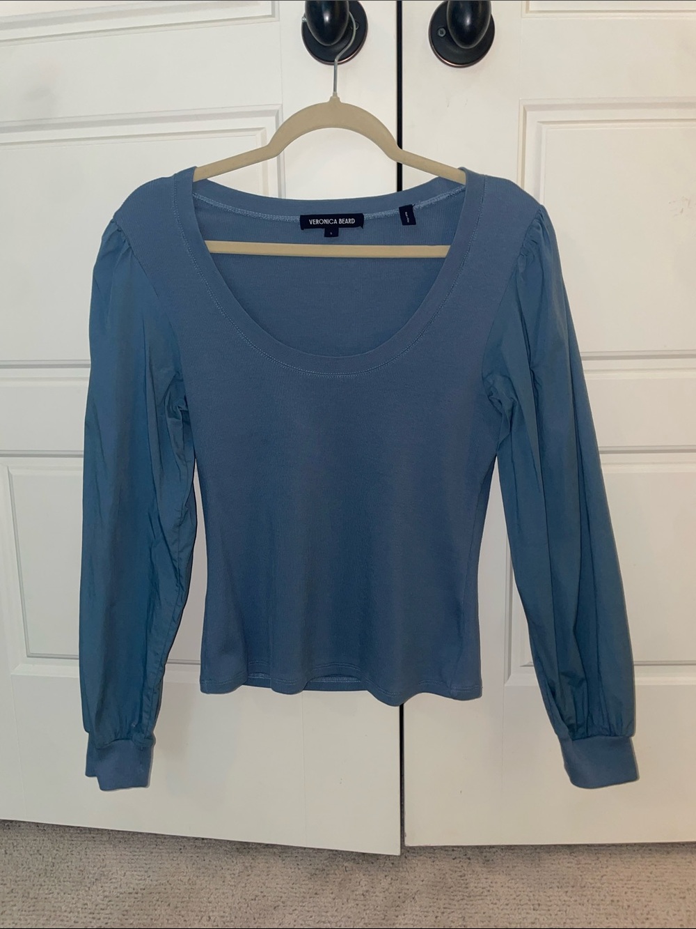 Veronica Beard Dusty Blue Scoop-Neck Long Sleeve Top